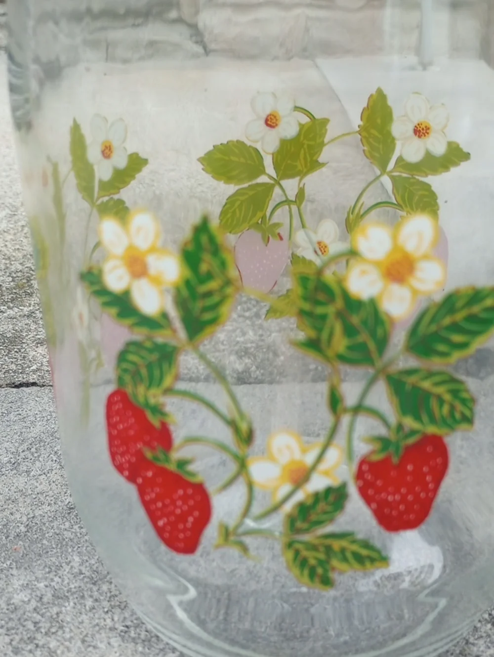 Vintage Clear Glass Round Strawberry/Floral 1.5 Liter Canister. Red Green Yellow
